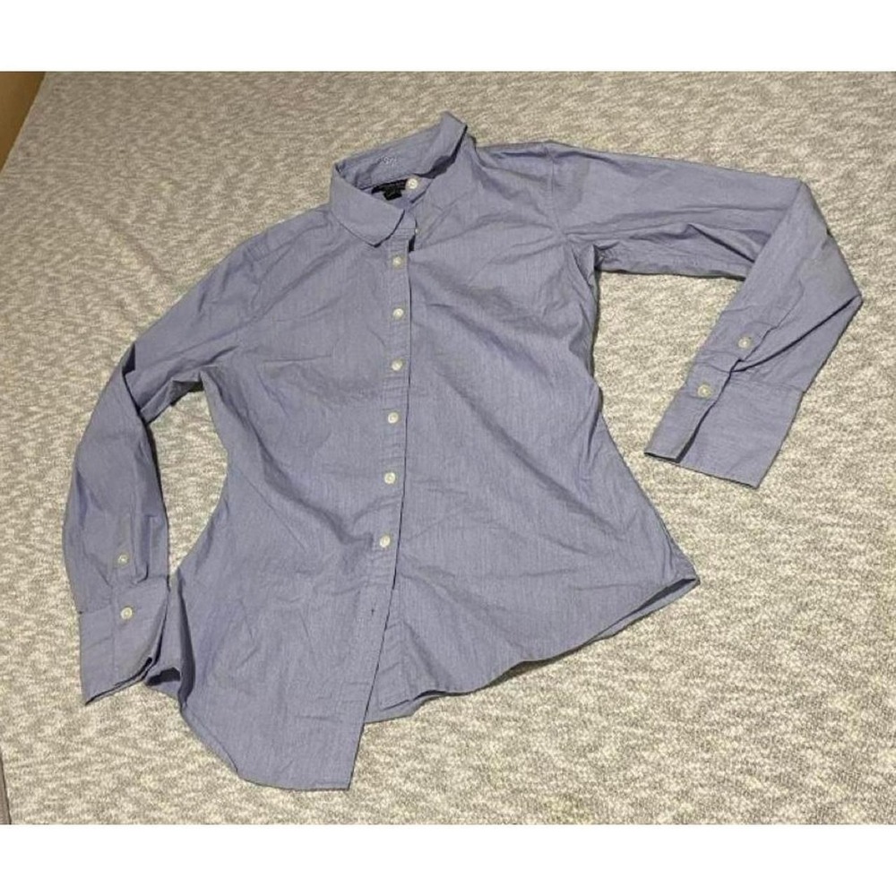 Banana Republic blue & white striped button-up shirt women 2 Petite. SKU-B638